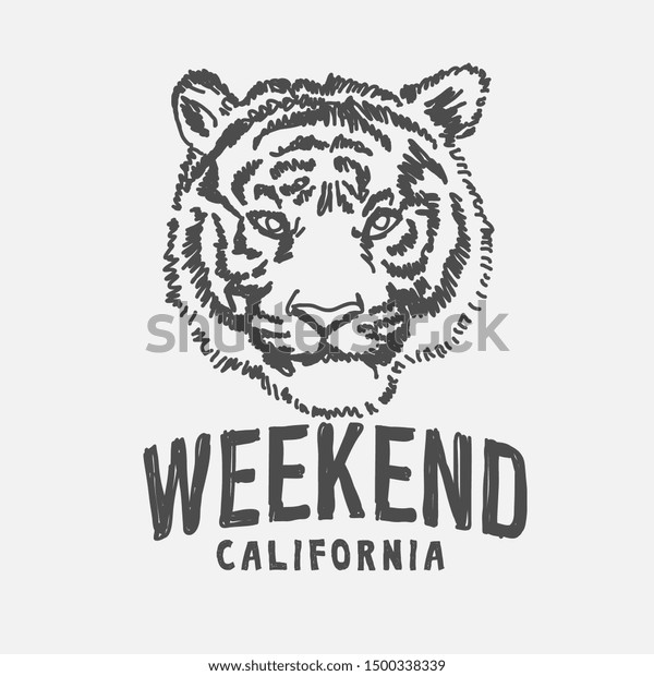 タイガー手描きのイラストを使った週末のスローガン のベクター画像