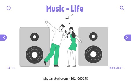 Weekend Sparetime, Creative Hobby, Corporate Party Celebration Website Landing Page. Couple Singing Song with Microphones in Karaoke Bar Web Page Banner. Cartoon Flat Vector Illustration, Line Art