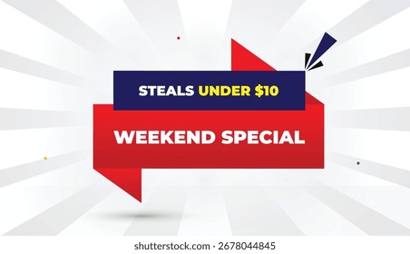 weekend special steals under 10 editable eps format web banner vector art illustration template design deep blue red gradient shapes bold font white gray gradient abstract illustration sun shine deal
