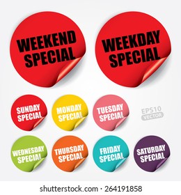 Weekend Special, Weekday Special, Sunday Special, Monday Special, Tuesday Special, Wednesday Special, Thursday Special, Friday Special, Saturday Special on Sticker and Tag - Vector 