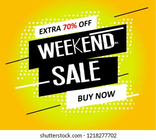 Weekend specials, sale banner template in flat trendy memphis geometric style, retro 80s - 90s paper style poster, placard, web banner designs, vector illustration