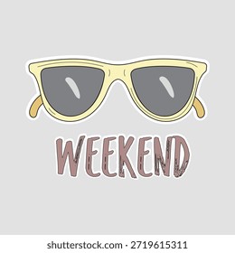 Icono de gafas de sol de fin de semana. Etiqueta engomada fresca del Vector con los tonos amarillos-enmarcados y el texto rosado, ideal para los carteles de la relajación, los Planes del ocio, o los gráficos divertidos del ambiente del fin de semana