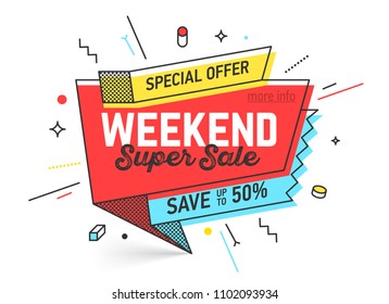 Weekend Super Sale banner template in flat trendy memphis geometric style, retro 80s - 90s paper style poster, placard, web banner design, vector illustration