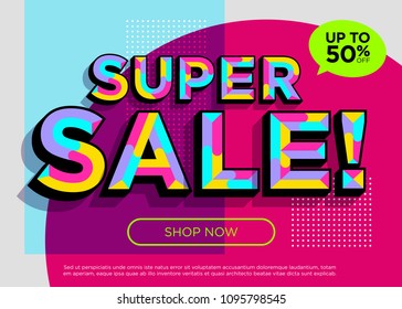 Weekend Super Sale Vector Banner. Bright Colorful Special Offer Concept. Trendy Geometric Background. 3D Mosaic Style. Vibrant Sale Poster Template. Discount Symbol. Summer Promotion. Special Deal.