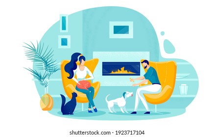 Weekend Surrounded by Little Four-legged Friends. Husband and Wife are Sitting in Chairs in front Fireplace. There are three Pets in their House, Cat Sleeps on her Owner s Lap and Men Plays with Dog.