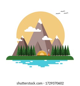 Weekend in the tent. Camping. Vector flat illustration.