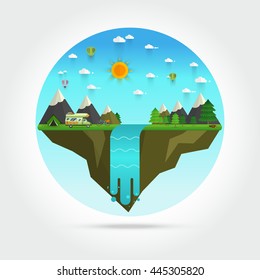 Weekend in the tent. Hiking and camping,Landscape illustration. Mountain river, waterfall, mountains, hills, and clouds. Flat design vector.