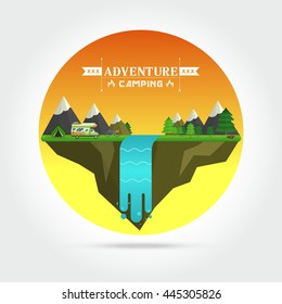 Weekend in the tent. Hiking and camping,Landscape illustration. Mountain river, waterfall, mountains, hills, and clouds. Flat design vector.