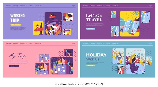 Weekend trip and holiday travel, landing page set, vector illustration. Tourism agency website, man woman character going to journey. Plan vacation online, template banner collection.