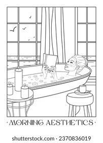 Weekend vibes. Morning aesthetics. Bath, reading book, candles, romantic. Hand drawn coloring page for kids and adults. Beautiful Coloring book pictures. Self love, calm solitude, loneliness