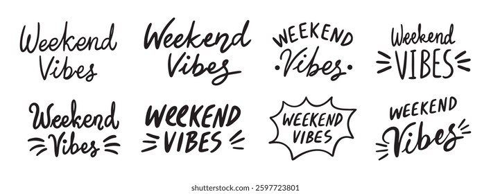 Weekend Vibes text lettering. Hand drawn vector art element set. Vector illustration