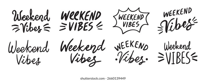 Weekend Vibes text lettering. Hand drawn vector art element set. Vector illustration