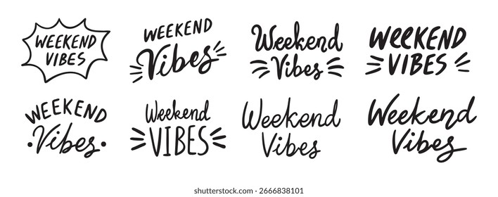 Weekend Vibes text lettering. Hand drawn vector art element set. Vector illustration