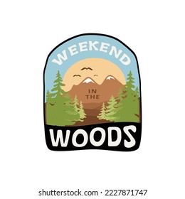 weekend in the wood with a vector of vintage camping and outdoor adventure logos, landscape, and design elements, suitable print for t-shirts and merchandise.