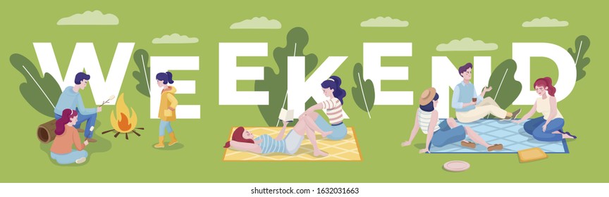 Weekend word concept banner template. Happy family at picnic, young girls lying on the grass, reading book, man and two girls spending time together. Summer weekend, vacation poster design concept.