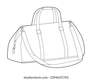 Bolsa de silueta de boliche de fin de semana con correa de hombro. Ilustración técnica de accesorios de moda. Vista frontal del vector 3-4 para hombres, mujeres, estilo unisex, bolso de mano plano boceto de simulación CAD aislado