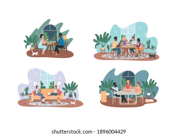 Weekends entertainment at home 2D vector web banner, poster set. Friends, couple flat characters on cartoon background. Spending time together printable patch, colorful web element collection