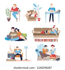 Weekends at home people with passive lifestyle relaxing