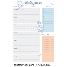 Weekly weekly affairs planner template. A blank page with the design and pictures of cute dogs. A sheet of paper with a place for planning affairs and notes. Business organizer. Stationery for plannin