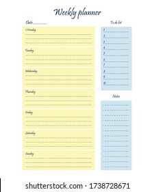 Weekly weekly affairs planner template. A sheet of paper with a place for planning affairs and notes. Business organizer. Stationery for planning. Vector illustration.