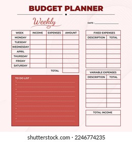 Weekly budget planner concept printable template