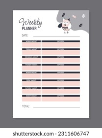 Weekly budget planner with an owl. Vector illustration