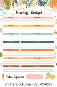 Weekly budget planner template for print. Week plan printable design for home budget, worksheet A4 size. Vector illustration. Bright tropical jungle frame, cute lion.