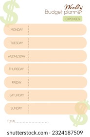 Weekly budget planner vector. Printable flyer to fill out. Form for individual filling for every day in pastel colors