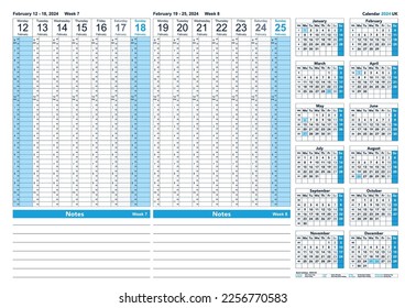 Weekly calendar 2024 (UK) time-management February Week 7 and Week 8 A3 format. Calendar template.
