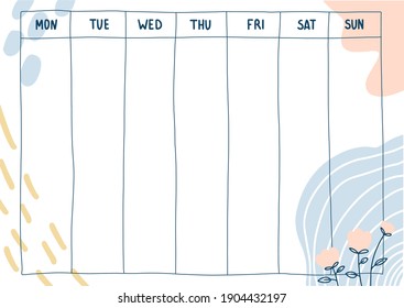 Weekly calendar abstract floral pattern Doodle style. Vector illustration
