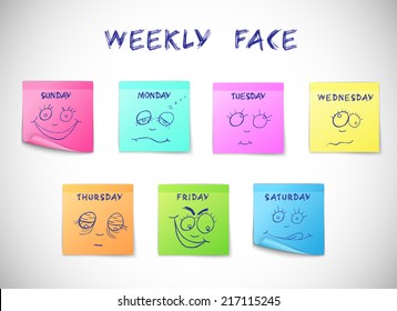 Weekly calendar colored peeling stickers with faces characters isolated vector illustration