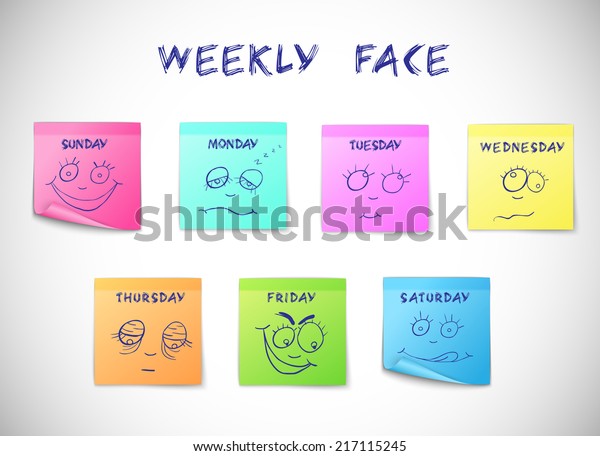 Weekly calendar colored peeling\
stickers with faces characters isolated vector\
illustration