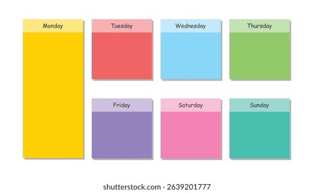 Weekly calendar colored stickers. paper sticky notes. schedule for kids. weekly time table. memo messages. notepads and torn paper sheets