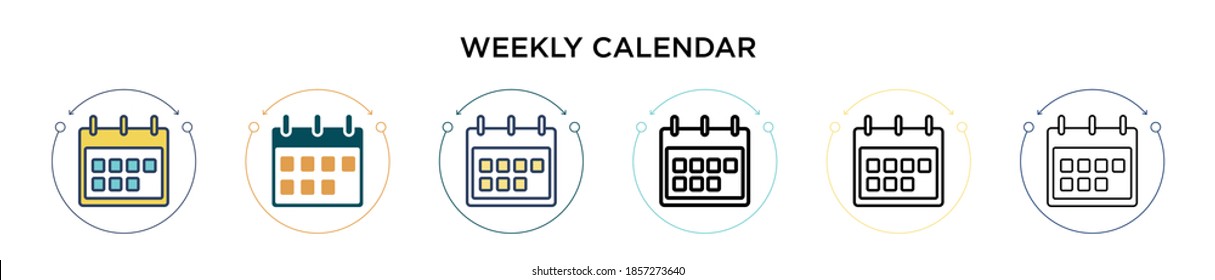 Weekly calendar icon in filled, thin line, outline and stroke style. Vector illustration of two colored and black weekly calendar vector icons designs can be used for mobile, ui, web