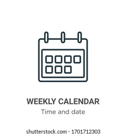 Weekly calendar outline vector icon. Thin line black weekly calendar icon, flat vector simple element illustration from editable time and date concept isolated stroke on white background