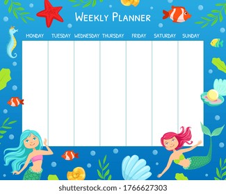 Weekly Calendar Planner with Cute Little Mermaid in Aquatic Nature Vector Illustration