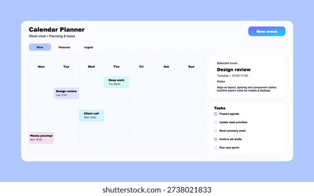 Weekly Calendar Planner Dashboard UI with Tasks and Events. Clean calendar planner interface with week view schedule and a task checklist. Modern productivity dashboard for planning. Vector UI, UX