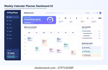 Weekly Calendar Planner Dashboard UI with Task Checklist. Weekly planner dashboard UI, weekly planner dashboard with calendar schedule, task checklist, productivity sprint, deadlines. Vector app