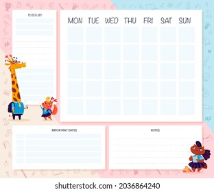 Weekly calendar planner page design template for children. Cute flat animal student characters and doodle school icons. Flat lay. Back to school. Vector flat illustration.