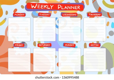 Weekly calendar planner. Planning tasks. For self-printing. Funny and cute design. Multicolored design.