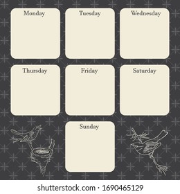 Calendario semanal. Plantilla semanal de planificación. Organizador con aves silvestres dibujadas a mano. Ilustración del vector