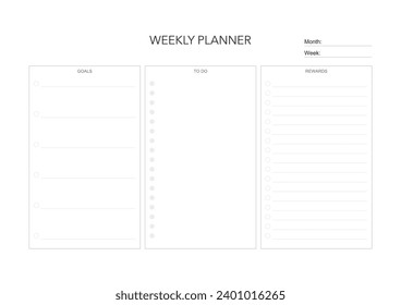 Weekly challenge plan, minimalistic daily, weekly planner printable template. habit, workout planning and to do list. printable planner, digital planner. A4 and letter size. Vector template. EPS 10