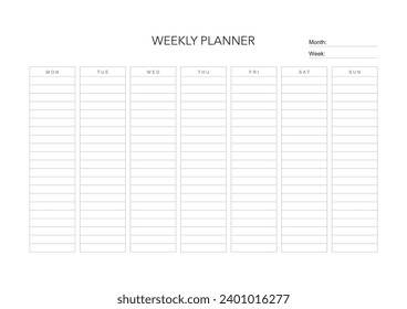 Weekly challenge plan, minimalistic daily, weekly planner printable template. habit, workout planning and to do list. printable planner, digital planner. A4 and letter size. Vector template. EPS 10