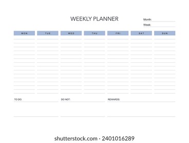 Weekly challenge plan, minimalistic daily, weekly planner printable template. habit, workout planning and to do list. printable planner, digital planner. A4 and letter size. Vector template. EPS 10