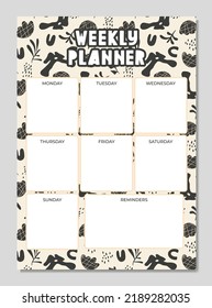 Weekly check list planner, note paper, to do list decorated with cute cartoon doodle flowers and botanical illustrations and inspirational quote. School scheduler and organizer. Flat vector