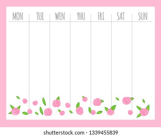 Weekly children's planner with roses, vector graphics.