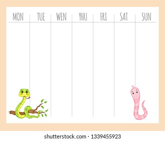 Weekly children's planner with snake and worm, vector graphics.