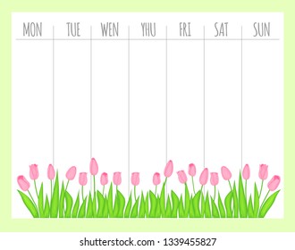 Weekly children's planner with tulips, vector graphics.