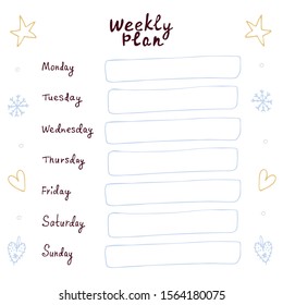 Weekly Christmas planner with winter elements. Write business according to the days of the week so you don’t forget anything on holidays and weekends.