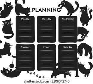 Weekly Class Schedule Template For Learning Or Working With Funny Black Cats. Vector Illustration